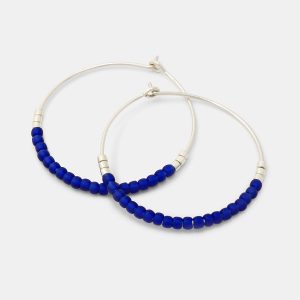 Beaded Silver Hoop Earrings: Blue & Silver