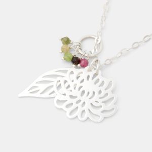 Chrysanthemum, Leaf & Tourmaline Silver Necklace