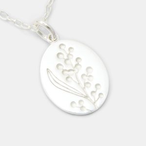 Wattle Flowers Silver Oval Pendant Necklace